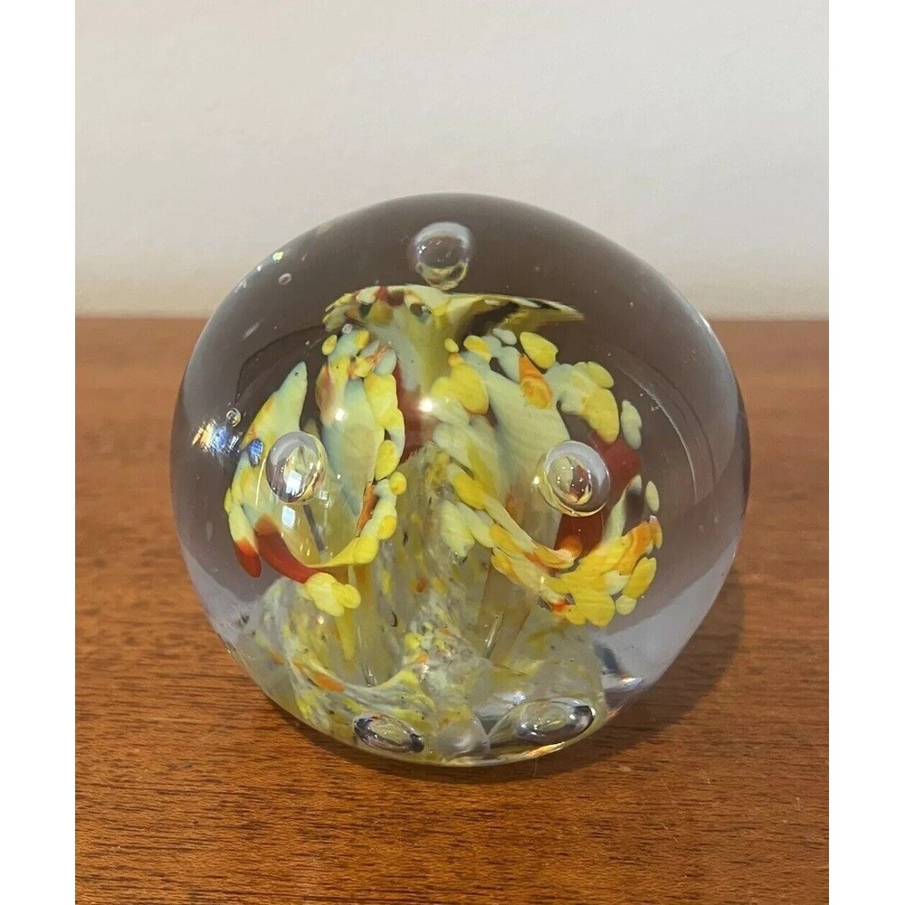 Art Glass Paperweight Yellow Trumpet Flowers with Bubbles and Swirl‎ Sphere